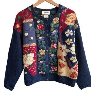 Vintage Talbots Hand Knit 100% Wool Flowers Cardigan Large Cottage Core Floral